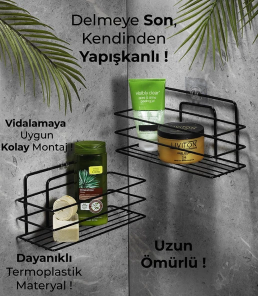 SAS Ömür Boyu Paslanmaz Yapışkanlı Banyo Düzenleyici Şampuanlık Duş Rafı 2 Adet Siyah TŞ-01 - Resim 2