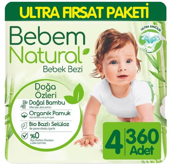 Bebem Natural Bebek Bezi Ultra Fırsat Paketi 4 Beden 90x4 360 Adet ürün görseli