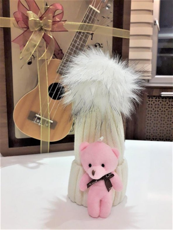 Peluş Ayıcıklı Ponponlu Çocuk Beresi  PEMBE - 9