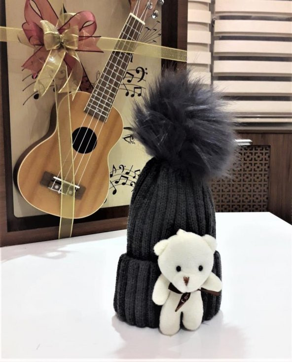 Peluş Ayıcıklı Ponponlu Çocuk Beresi  Beyaz - 2