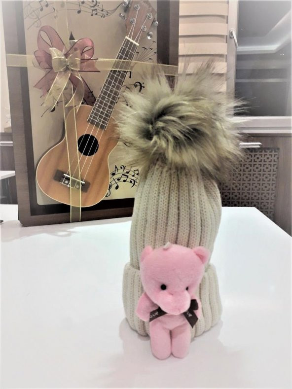 Peluş Ayıcıklı Ponponlu Çocuk Beresi  Krem - 11