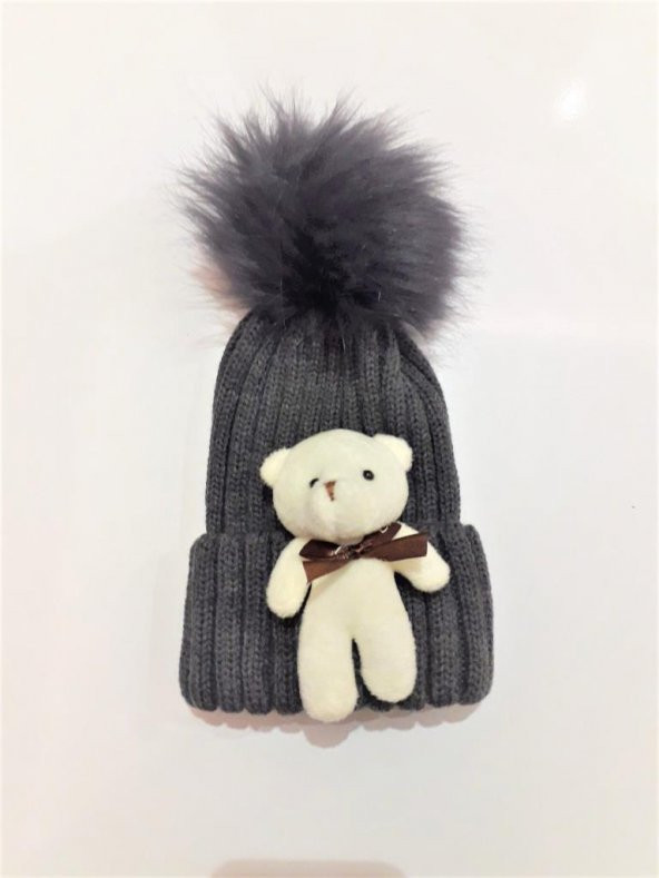 Peluş Ayıcıklı Ponponlu Çocuk Beresi  Kahverengi - 6