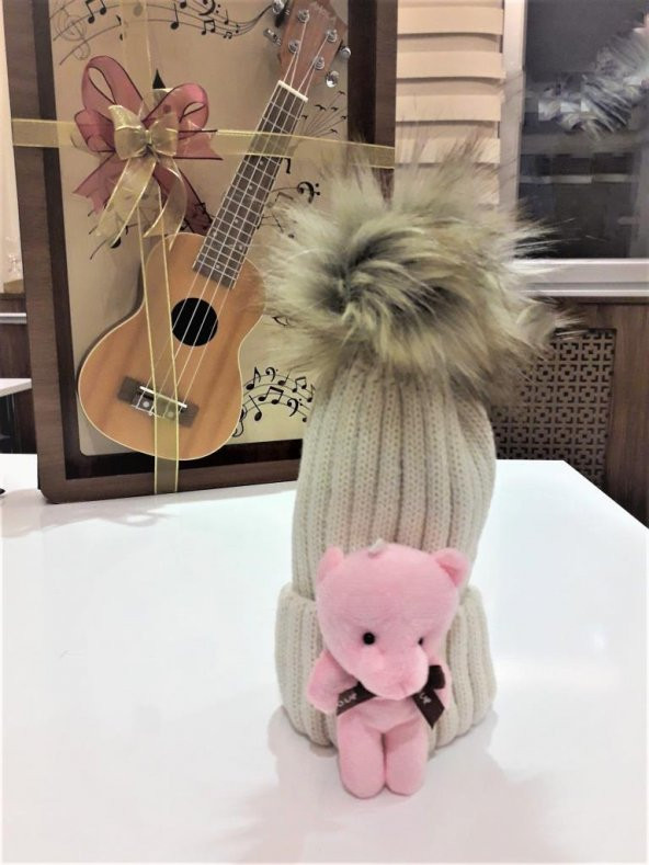 Peluş Ayıcıklı Ponponlu Çocuk Beresi  Beyaz - 12