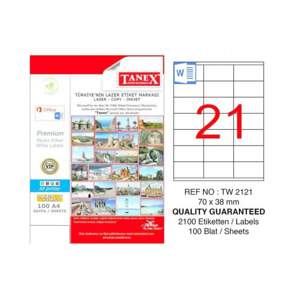 Tanex Tw-2121 Beyaz Adresleme ve Postalama Etiketi 70 mm x 38 mm