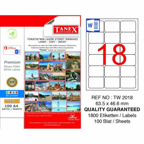 Tanex Tw-2018 Beyaz Adresleme ve Postalama Etiketi 63.5 mm x 46.6 mm