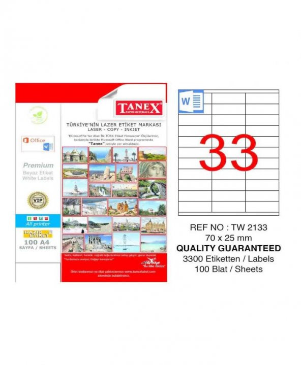 Tanex Tw-2133 Beyaz Etiket 70 mm x 25 mm