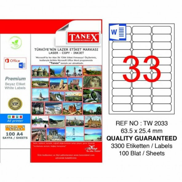 Tanex Tw-2033 Beyaz Etiket 63.5 mm x 25.4 mm