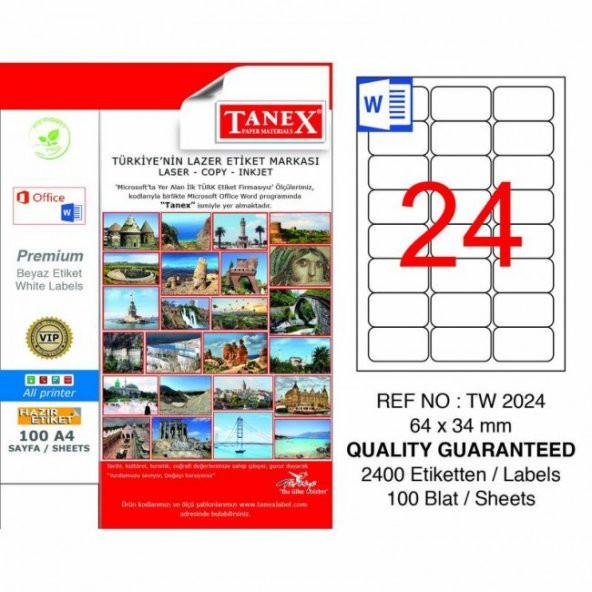 Tanex Tw-2024 Beyaz Adresleme ve Postalama Etiketi 64 mm x 34 mm