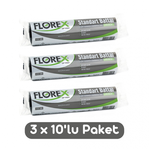 Florex Standart Battal Boy Çöp Torbası 72x95 Cm 10lu Rulo Siyah 3 Rulo (30 Adet)