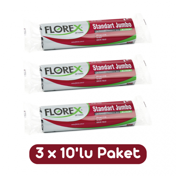 Florex Standart Jumbo Boy Çöp Torbası 80x110 Cm 10lu Rulo Siyah 3 Rulo (30 Adet)