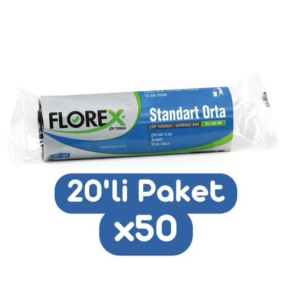 Florex Standart Orta Boy Çöp Torbası 55x60 Cm 20li Rulo Siyah 50 Rulo (1000 Adet 1 Koli)