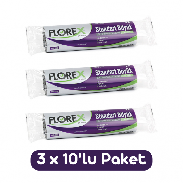 Florex Standart Büyük Boy Çöp Torbası 65x80 Cm 10lu Rulo Siyah 3 Rulo (30 Adet)