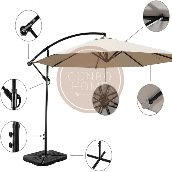 3 Metre EKRU Renk Bahçe Teras Şemsiyesi Suya dayanıklı UV 50 + Faktöriyel Güneş Korumalı Açılı - 2
