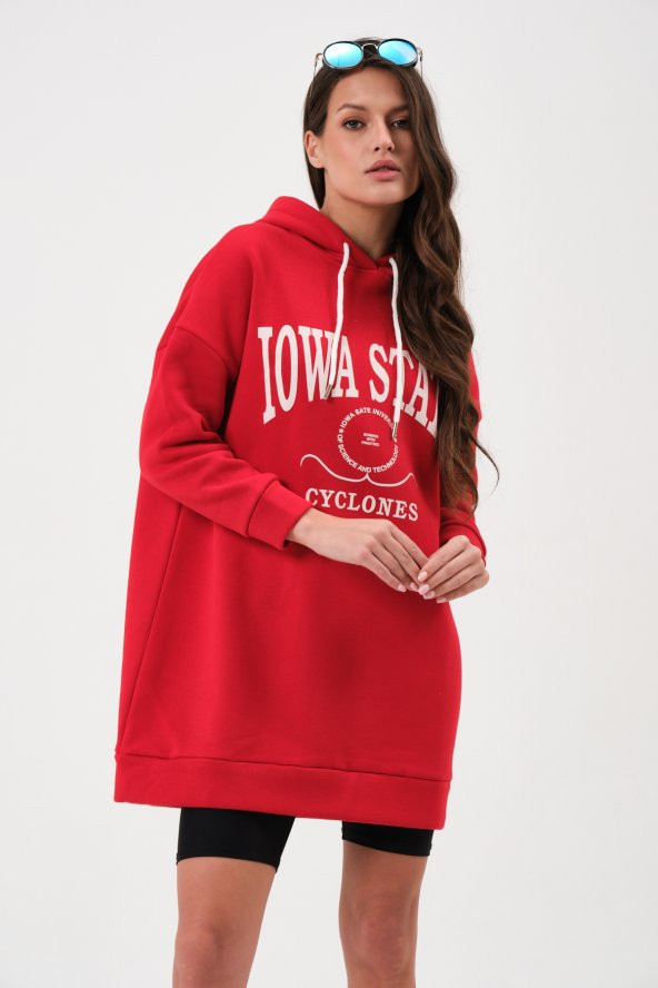 23140-Kadın Oversize Uzun Kapüşonlu Kalın İçi Yumuşak Pamuklu Sweatshirt - Kırmızı