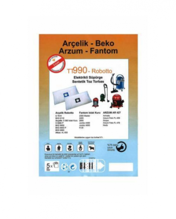 ARÇELİK-BEKO-FANTOM-ARZUM-ARİWATO SÜPÜRGE TORBASI 5 ADET