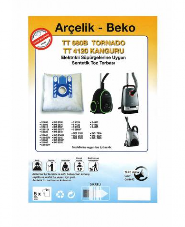 ARÇELİK-BEKO TT680,TT4120 UYUMLU 5 AD SÜPÜRGE TORBASI