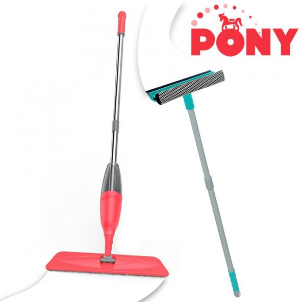 PONY SÜPER 2 Lİ SPREY MOP + TELESKOPİK SAPLI CAM SİLECEĞİ SOMON PASPAS TEMİZLİK SETİ