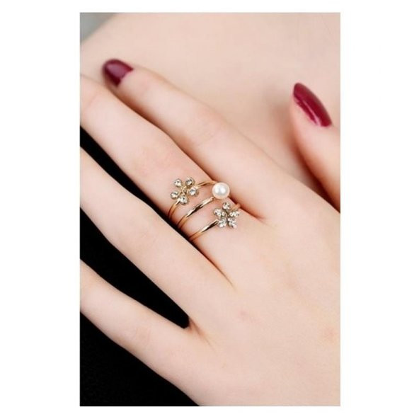 İnci & Zirkon Taşlı Çiçek Figürlü  Yüzük