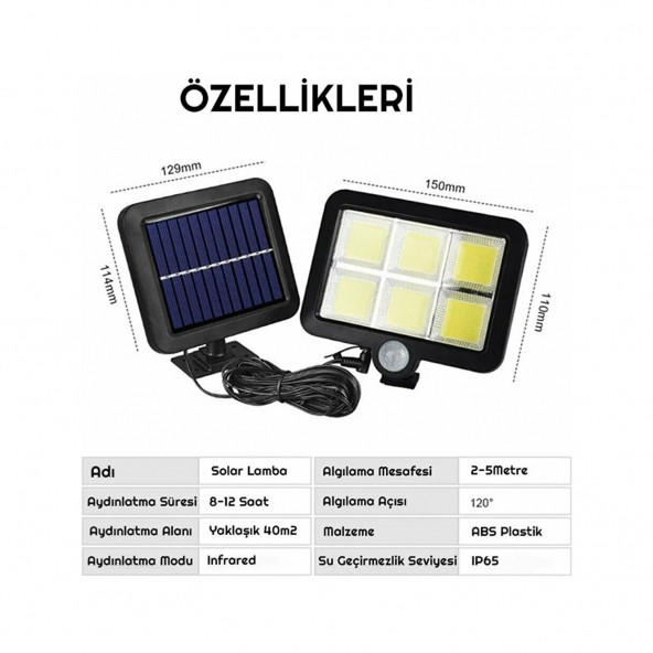 120 Cob LED Solar Panel Güneş Enerjili Dış Mekan 3 Mod Duvar Bahçe Lambası D11 - 2