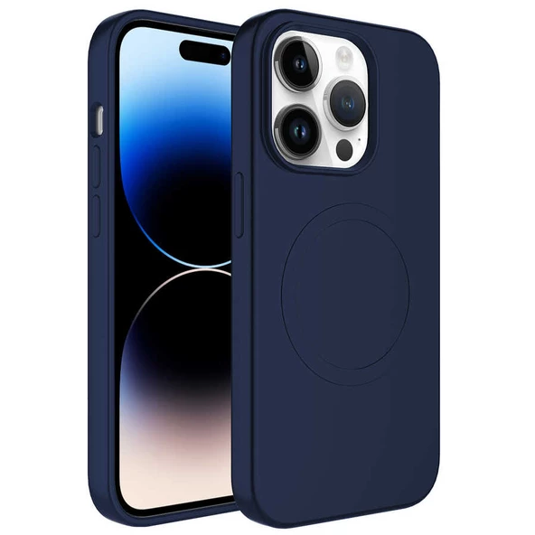 Apple iPhone 12 Pro Max Kılıf Magsafe Wireless Şarj Özellikli Pastel Renk Silikon Zore Plas Kapak Lyon Tech  Lacivert