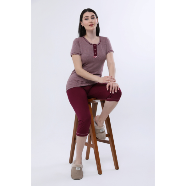 Angelina Kadın Mor bordo kaprili kısakol bambu Pamuk rahat pijama takımı 6168 - 1