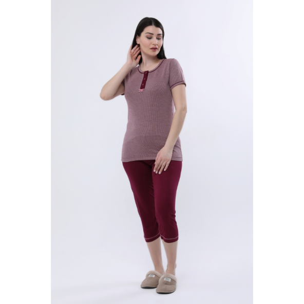 Angelina Kadın Mor bordo kaprili kısakol bambu Pamuk rahat pijama takımı 6168 - 3