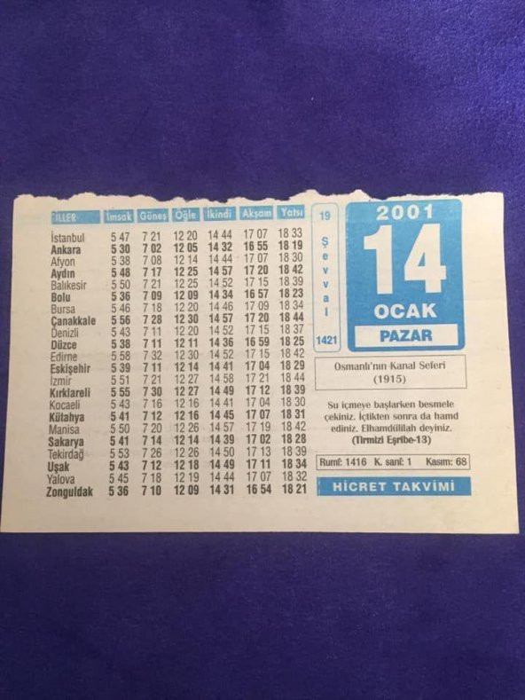 14 Ocak 2001 Takvim Yaprağı - Nostalji Koleksiyonluk Takvim Yaprağı ürün görseli