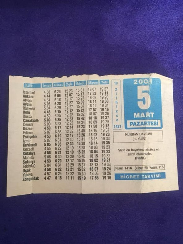 5 Mart 2001 Takvim Yaprağı - Nostalji Koleksiyonluk Takvim Yaprağı ürün görseli