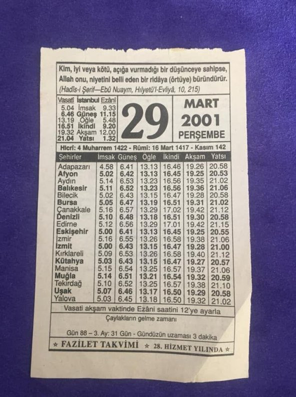 29 Mart 2001 Takvim Yaprağı - Nostalji Koleksiyonluk Takvim Yaprağı ürün görseli