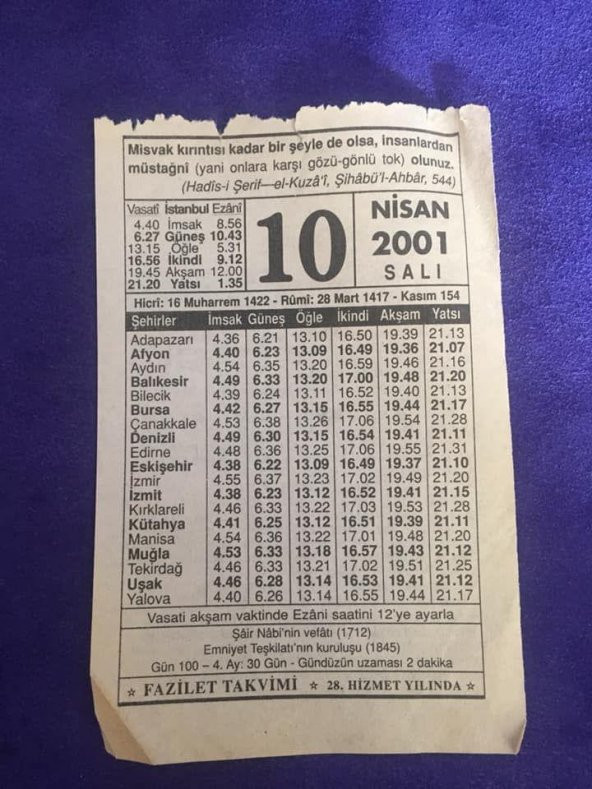 10 Nisan 2001 Takvim Yaprağı - Nostalji Koleksiyonluk Takvim Yaprağı B ürün görseli