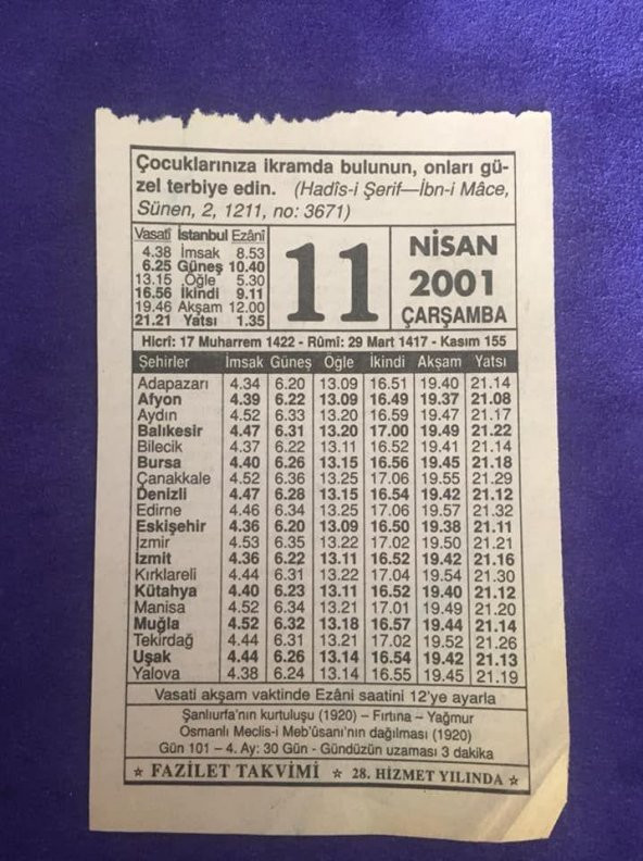 11 Nisan 2001 Takvim Yaprağı - Nostalji Koleksiyonluk Takvim Yaprağı ürün görseli