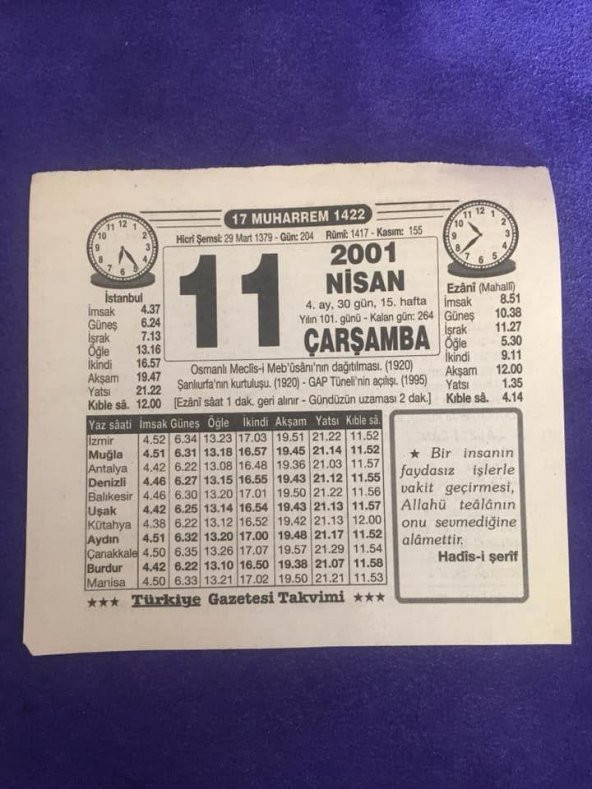 11 Nisan 2001 Takvim Yaprağı - Nostalji Koleksiyonluk Takvim Yaprağı B ürün görseli