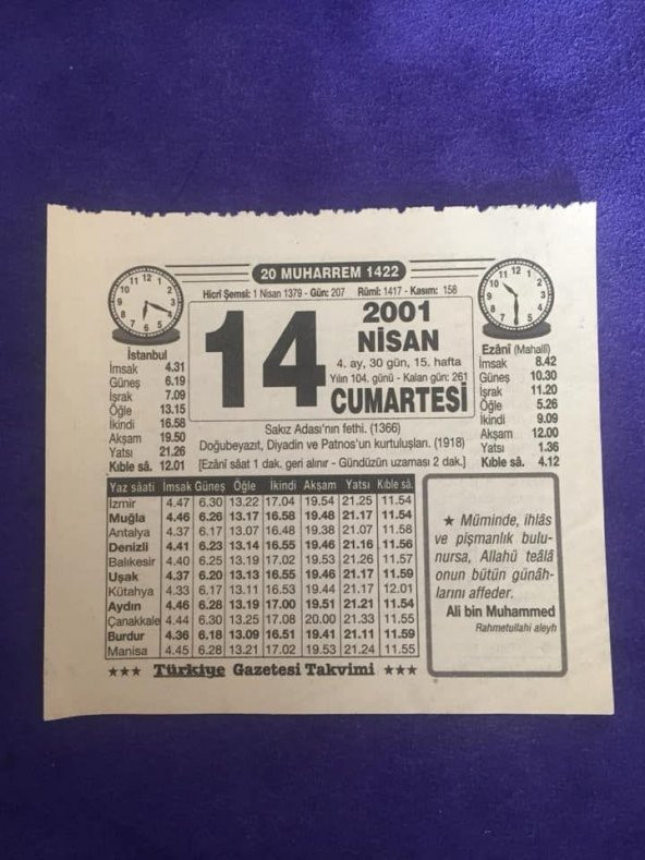 14 Nisan 2001 Takvim Yaprağı - Nostalji Koleksiyonluk Takvim Yaprağı B ürün görseli