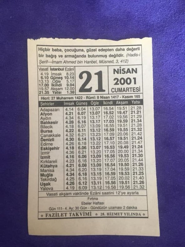 21 Nisan 2001 Takvim Yaprağı - Nostalji Koleksiyonluk Takvim Yaprağı ürün görseli