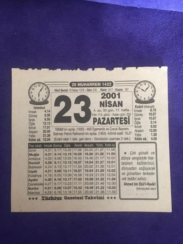 23 Nisan 2001 Takvim Yaprağı - Nostalji Koleksiyonluk Takvim Yaprağı ürün görseli