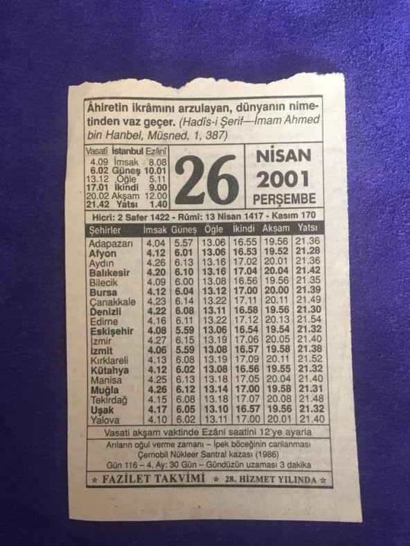 26 Nisan 2001 Takvim Yaprağı - Nostalji Koleksiyonluk Takvim Yaprağı