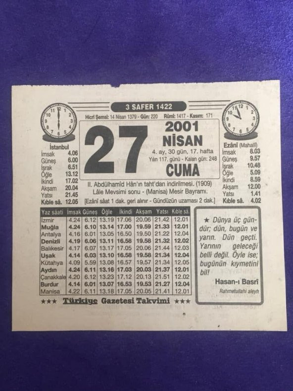 27 Nisan 2001 Takvim Yaprağı - Nostalji Koleksiyonluk Takvim Yaprağı B ürün görseli