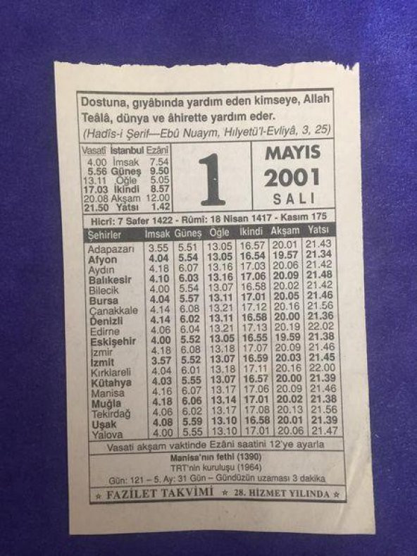 1 Mayıs 2001 Takvim Yaprağı - Nostalji Koleksiyonluk Takvim Yaprağı ürün görseli