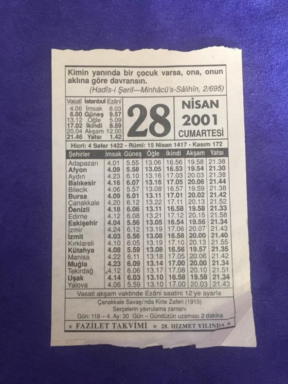 28 Nisan 2001 Takvim Yaprağı - Nostalji Koleksiyonluk Takvim Yaprağı ürün görseli