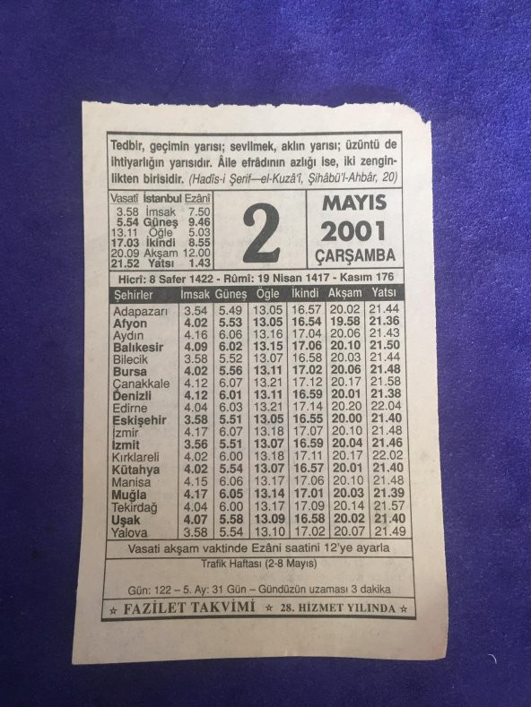 2 Mayıs 2001 Takvim Yaprağı - Nostalji Koleksiyonluk Takvim Yaprağı ürün görseli