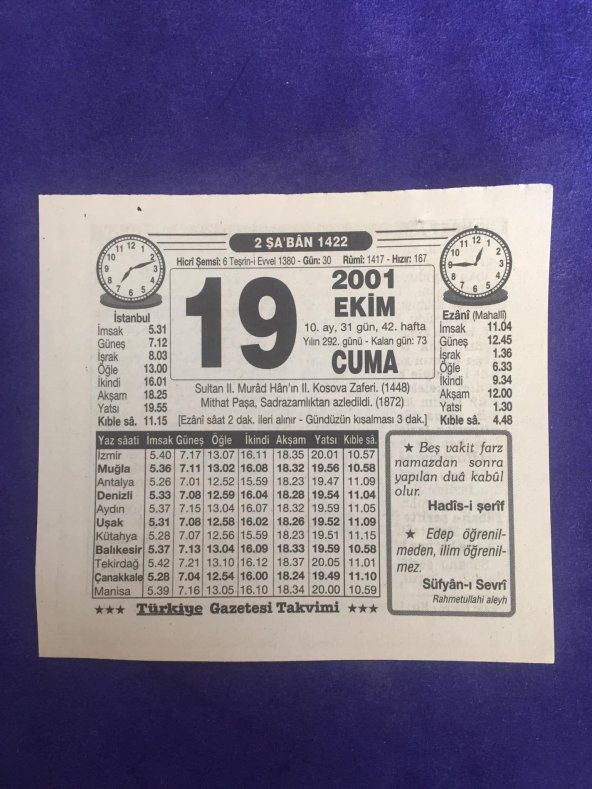 19 Ekim 2001 Takvim Yaprağı - Nostalji Koleksiyonluk Takvim Yaprağı B ürün görseli