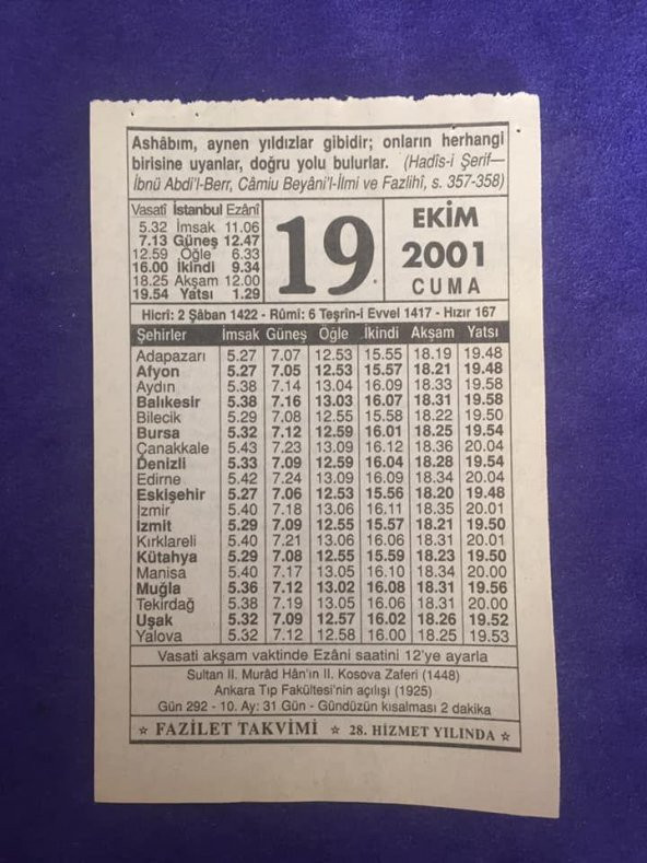 19 Ekim 2001 Takvim Yaprağı - Nostalji Koleksiyonluk Takvim Yaprağı ürün görseli