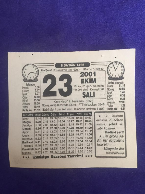 23 Ekim 2001 Takvim Yaprağı - Nostalji Koleksiyonluk Takvim Yaprağı B ürün görseli