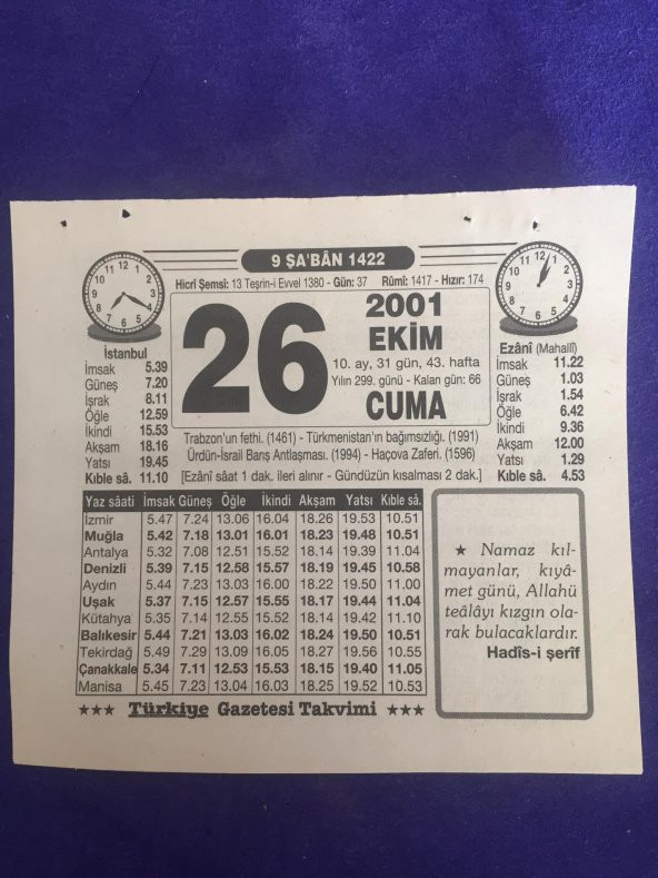 26 Ekim 2001 Takvim Yaprağı - Nostalji Koleksiyonluk Takvim Yaprağı B
