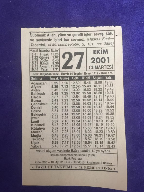 27 Ekim 2001 Takvim Yaprağı - Nostalji Koleksiyonluk Takvim Yaprağı ürün görseli