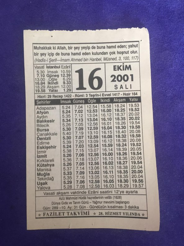 16 Ekim 2001 Takvim Yaprağı - Nostalji Koleksiyonluk Takvim Yaprağı ürün görseli