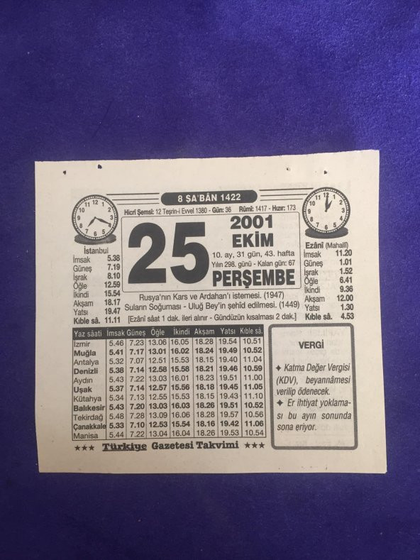 25 Ekim 2001 Takvim Yaprağı - Nostalji Koleksiyonluk Takvim Yaprağı B ürün görseli