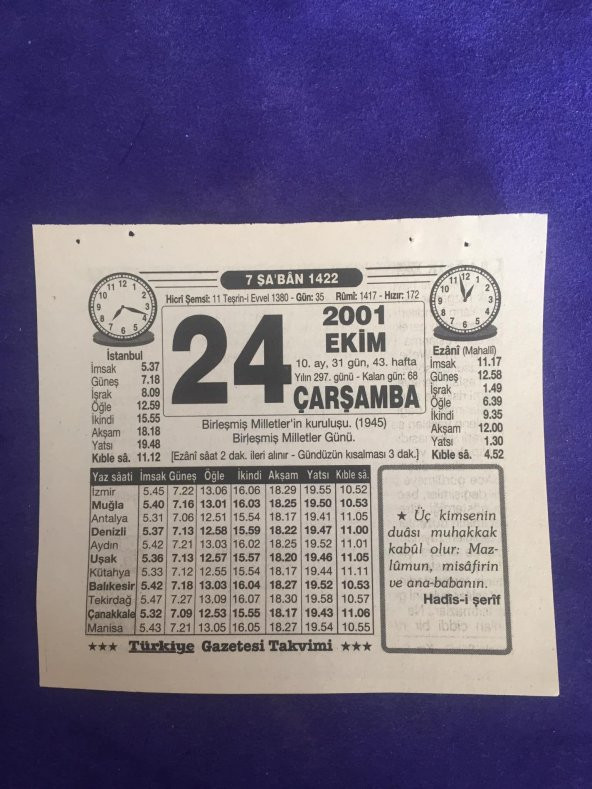 24 Ekim 2001 Takvim Yaprağı - Nostalji Koleksiyonluk Takvim Yaprağı B ürün görseli