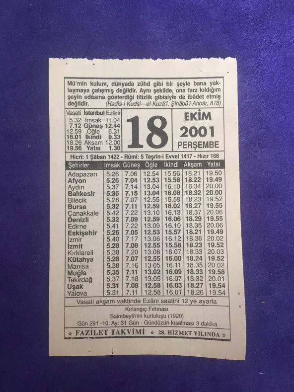 18 Ekim 2001 Takvim Yaprağı - Nostalji Koleksiyonluk Takvim Yaprağı ürün görseli