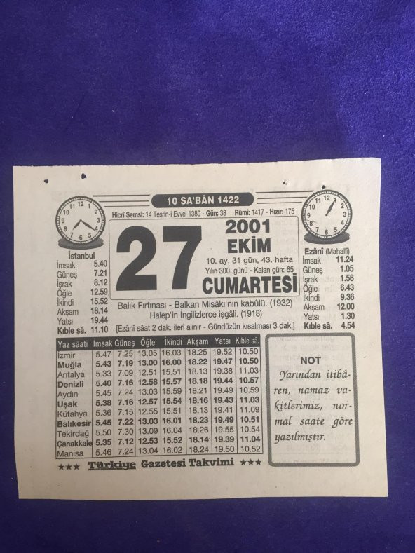27 Ekim 2001 Takvim Yaprağı - Nostalji Koleksiyonluk Takvim Yaprağı B ürün görseli